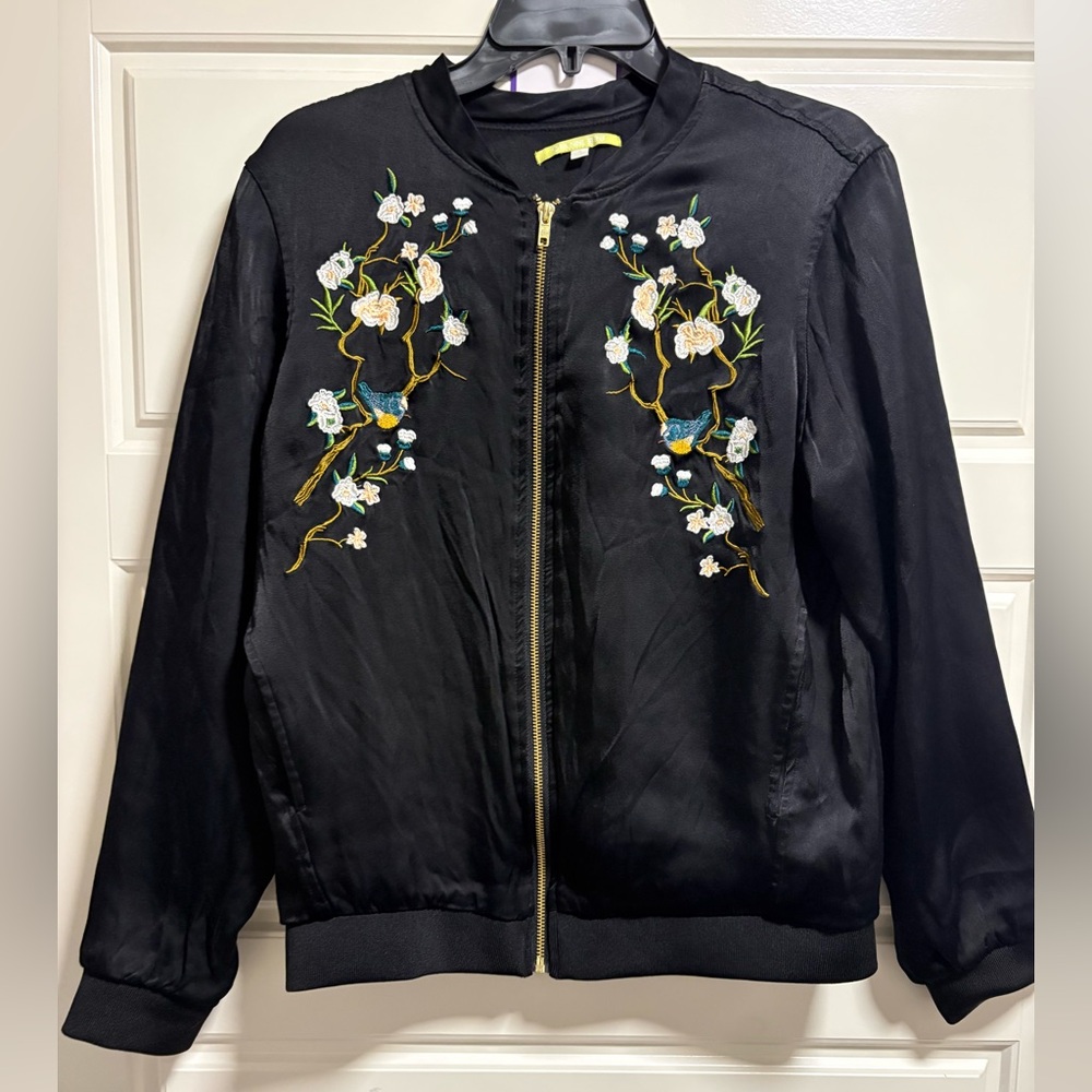 Gianni Bini Light Weight Black Embroidered Bomber Jacket - Women's Size Medium